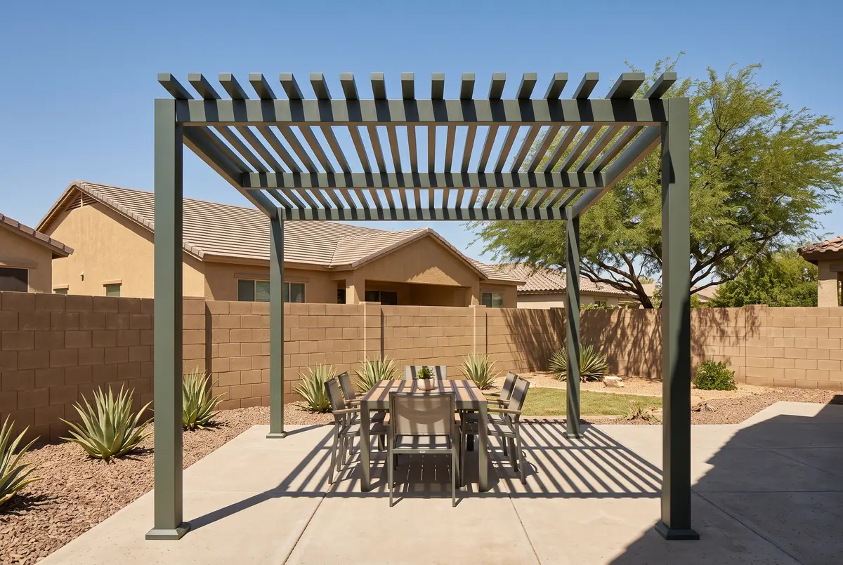 Illustration of a freestanding fixed-slat aluminum pergola casting striped shade over a patio table.