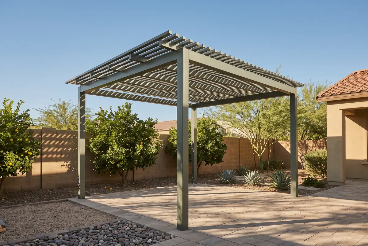 Illustration of a freestanding slatted aluminum shade structure set back from the rear wall of a Chandler backyard.