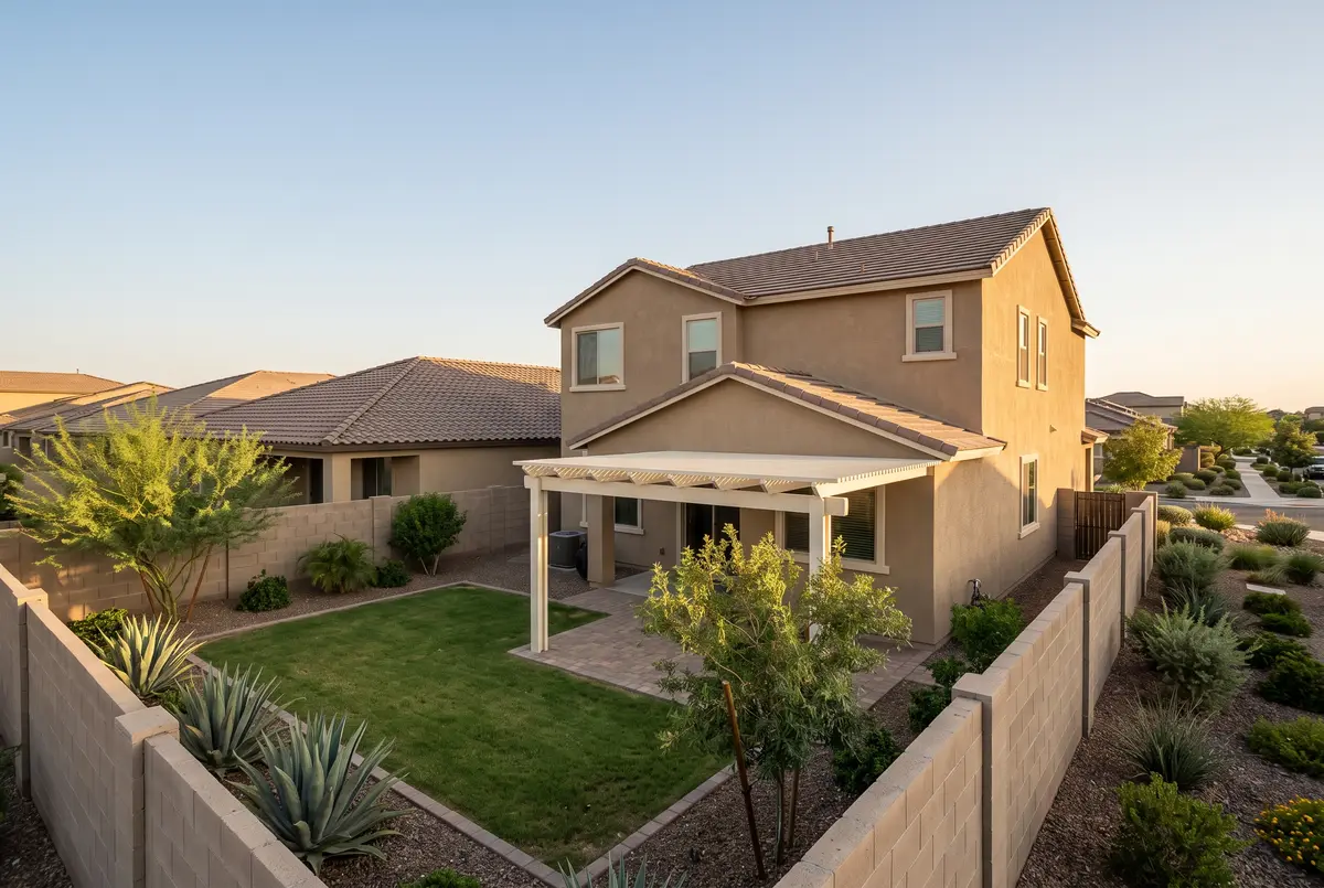 Illustration of an attached aluminum lattice patio cover on a two-story home in a Gilbert master-planned community, color-matched to the trim.