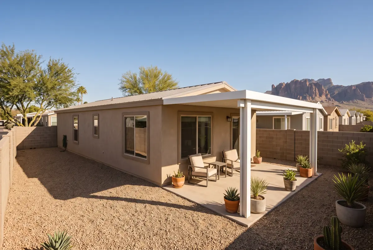 Illustration of a white aluminum patio cover beside a manufactured home in a Mesa park, Superstition Mountains beyond.