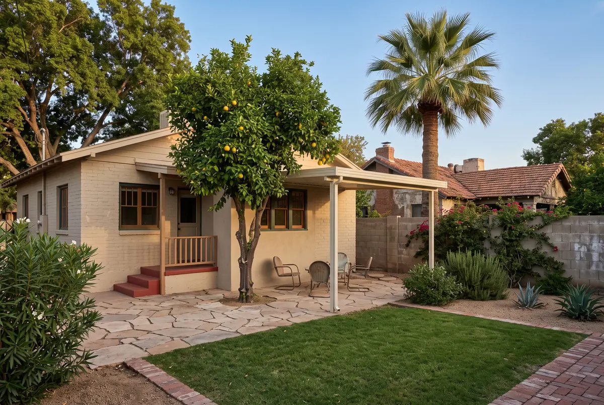 Illustration of a small aluminum patio cover on a 1930s bungalow in a historic central Phoenix neighborhood.