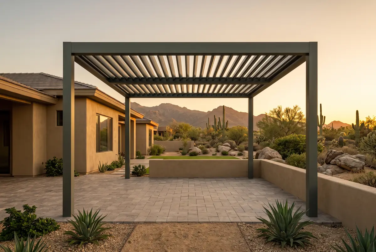 Illustration of a louvered pergola at a north Scottsdale desert home, with natural Sonoran desert beyond the wall.