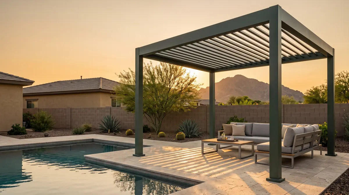 Illustration of a louvered aluminum pergola over a pool patio in a Phoenix backyard, blades half open casting striped shade.