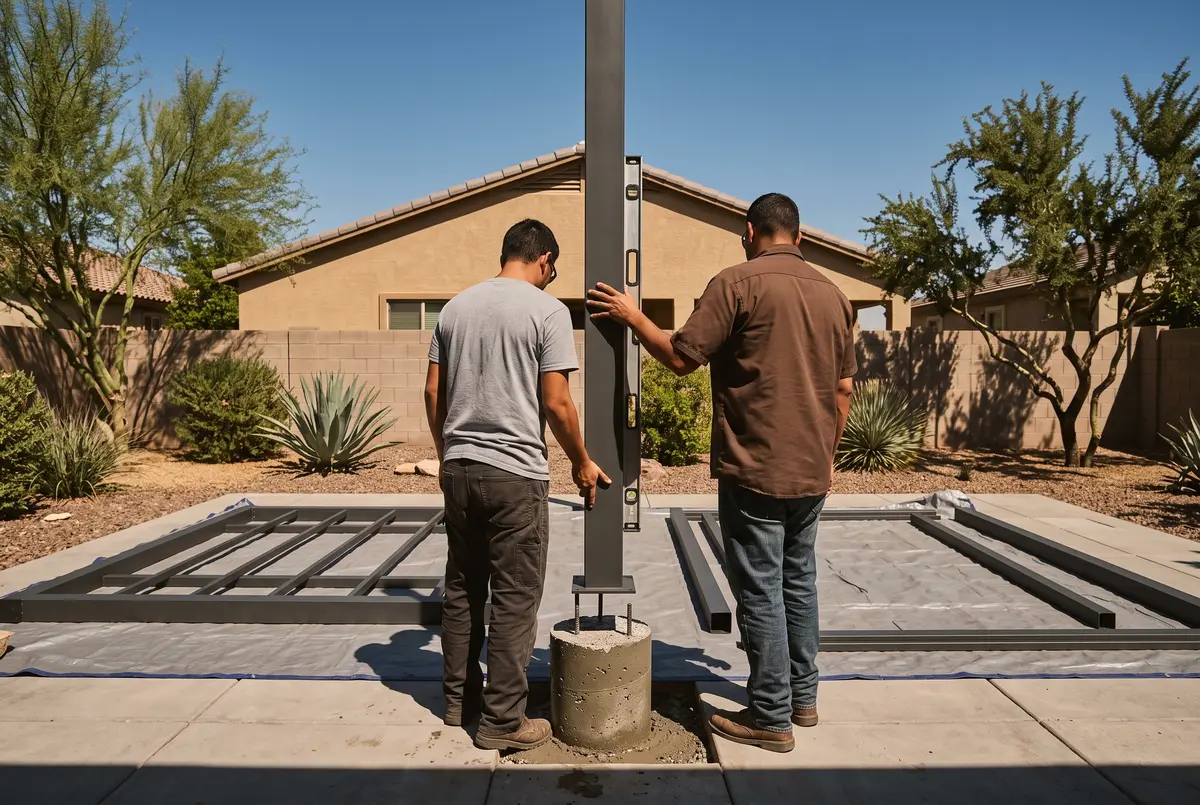 Illustration of two installers setting an aluminum pergola post on a new concrete footing, checking it with a level.