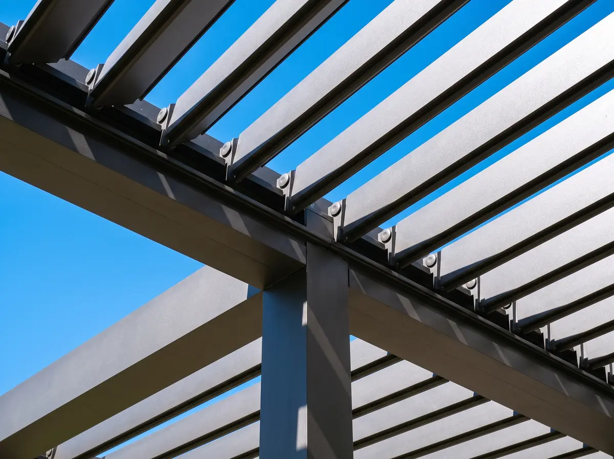 Illustration looking up at a louvered pergola roof: parallel aluminum blades partly open inside a beam with a built-in gutter.