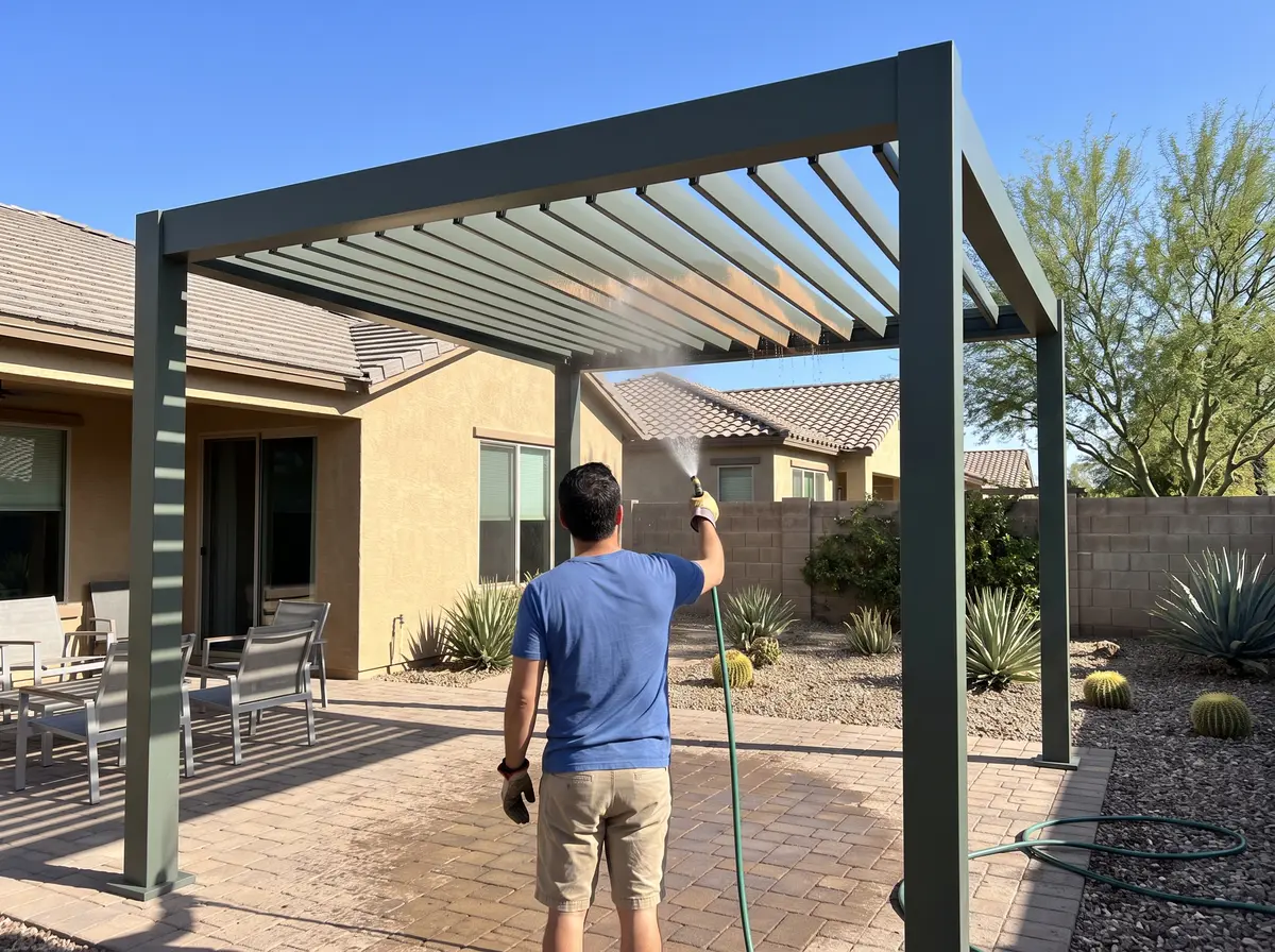 Illustration of a homeowner rinsing a louvered pergola's blades with a garden hose in a Phoenix backyard.