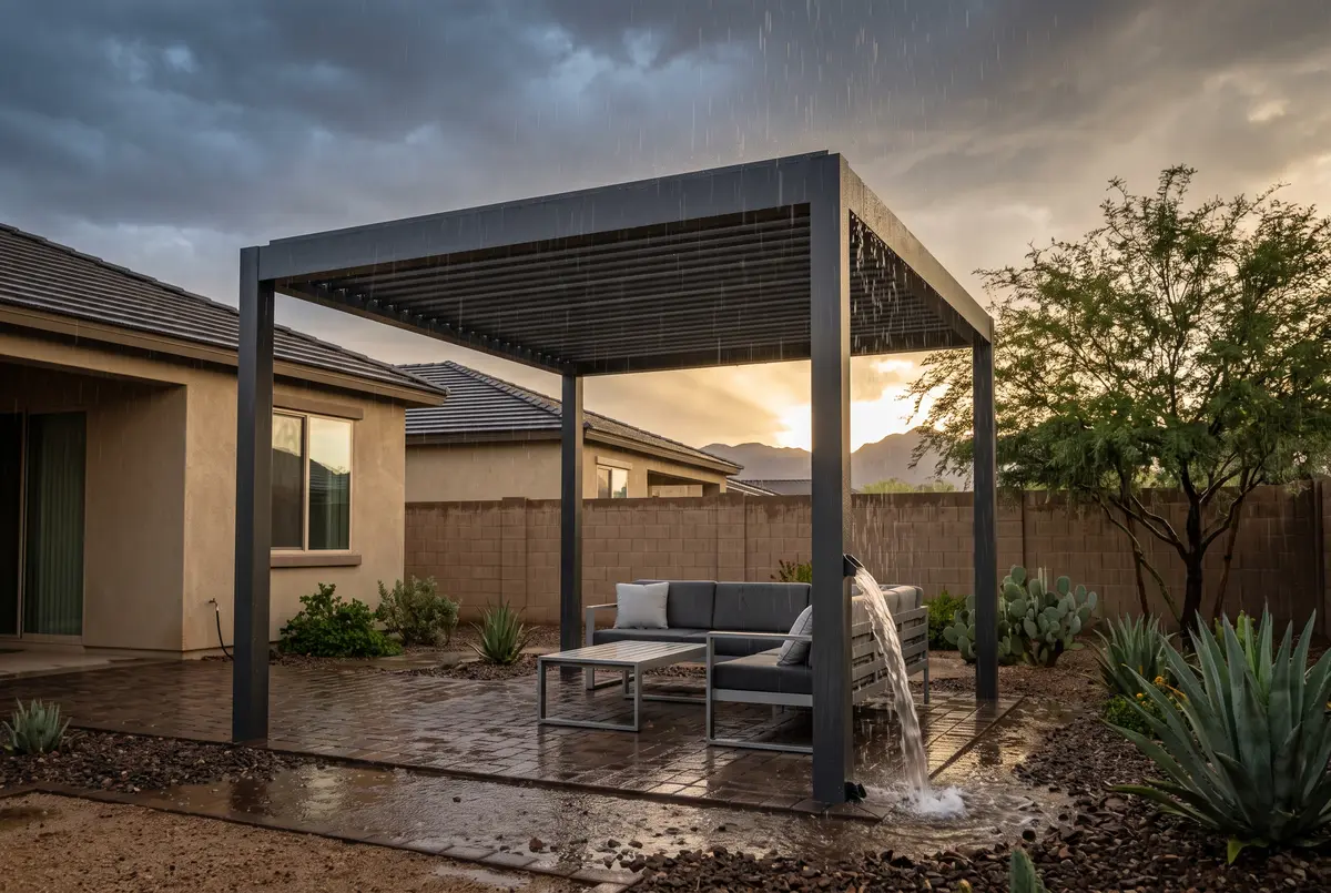 Illustration of a louvered pergola with its blades closed in a monsoon rainstorm, water draining from a post onto the patio.