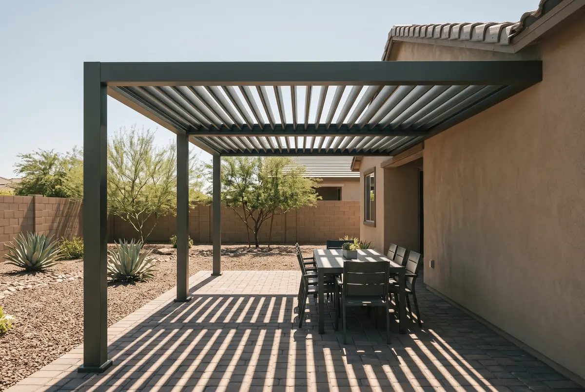 Illustration of a louvered aluminum pergola attached to a Phoenix home, blades open over a patio dining table.