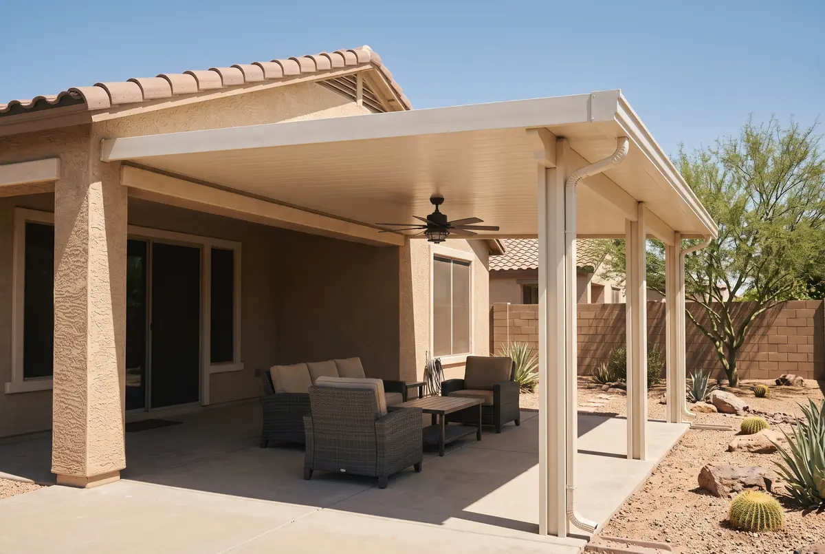 Illustration of an insulated aluminum patio cover attached to a Phoenix ranch home, giving full shade over seating.