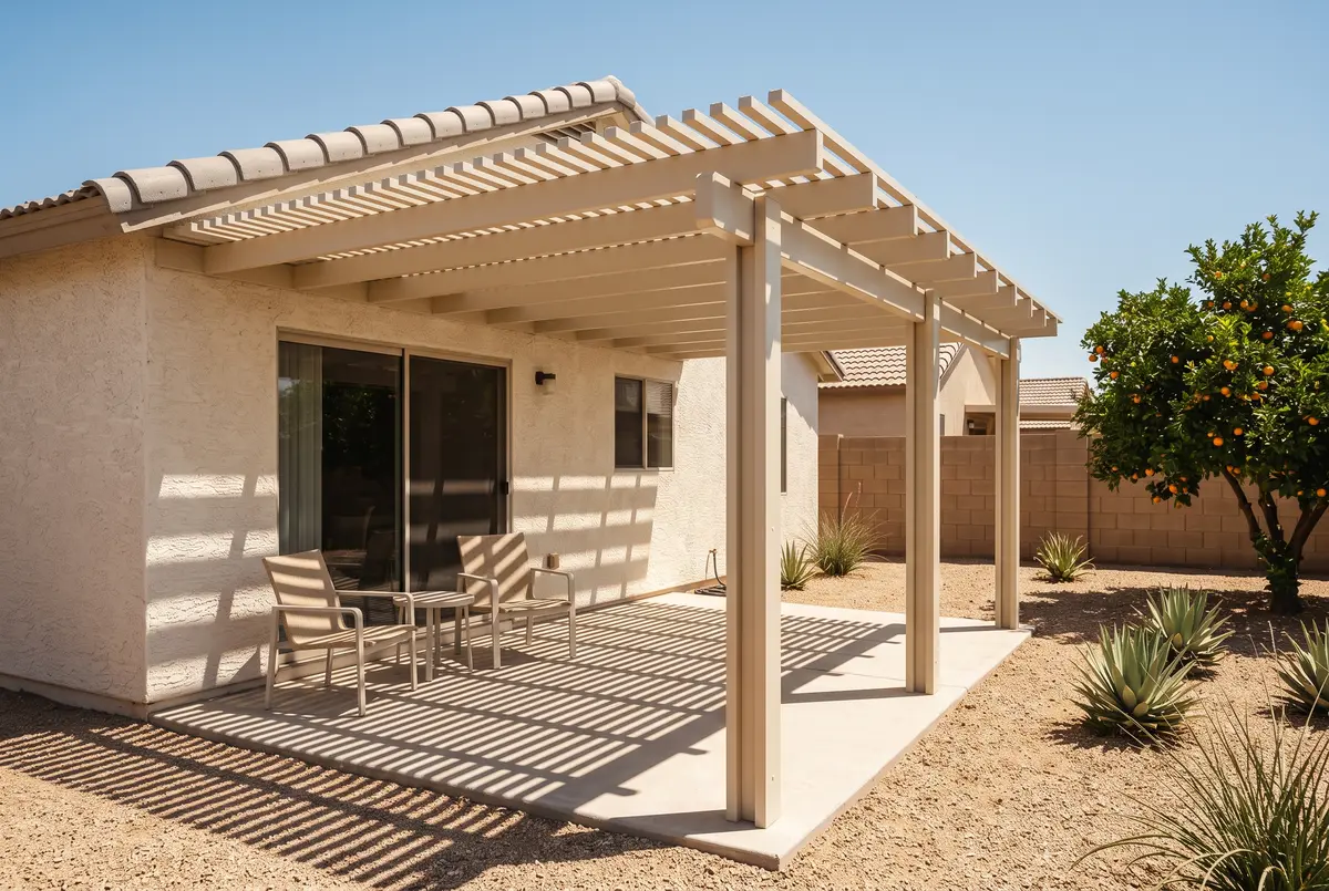 Illustration of an aluminum lattice patio cover casting a grid of shadows over a Phoenix patio.