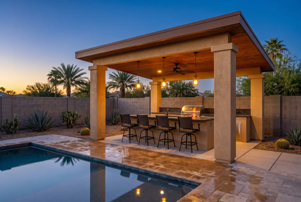 Illustration of a freestanding stucco-column ramada over an outdoor kitchen beside a Phoenix pool at dusk.